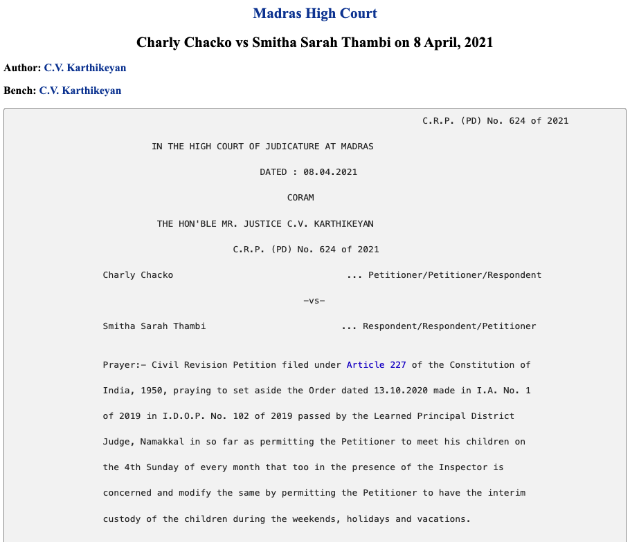 Charly Chacko vs Smitha Sarah Thambi