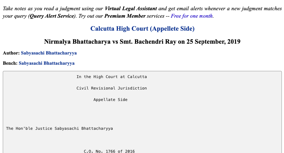 High Court Decision Nirmalya Bhattacharya vs. Smt. Bachendri Ray