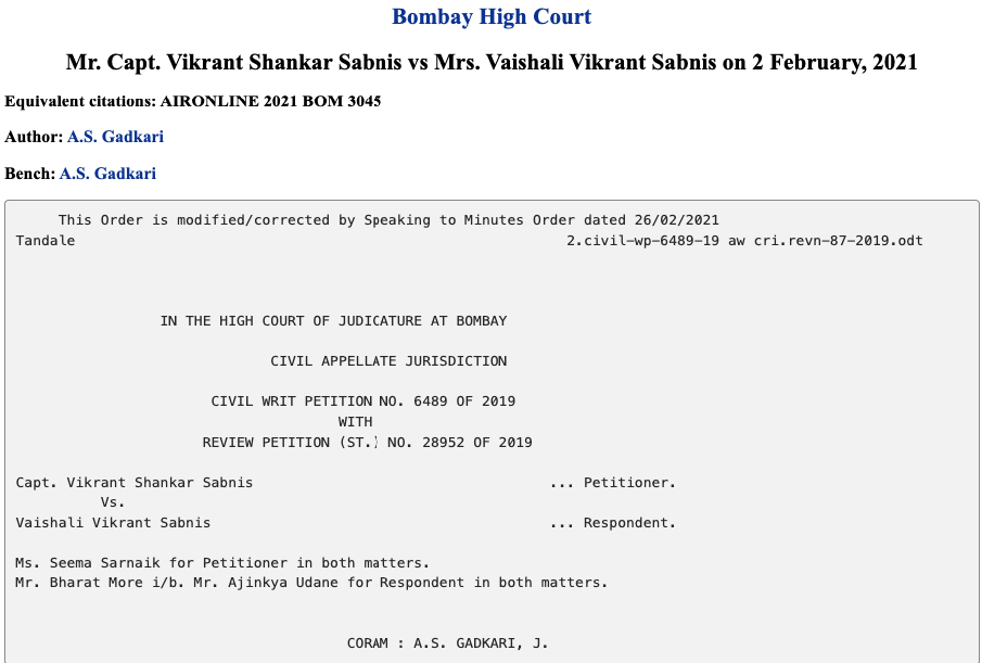 Mr. Capt. Vikrant Shankar Sabnis vs Mrs. Vaishali Vikrant Sabnis